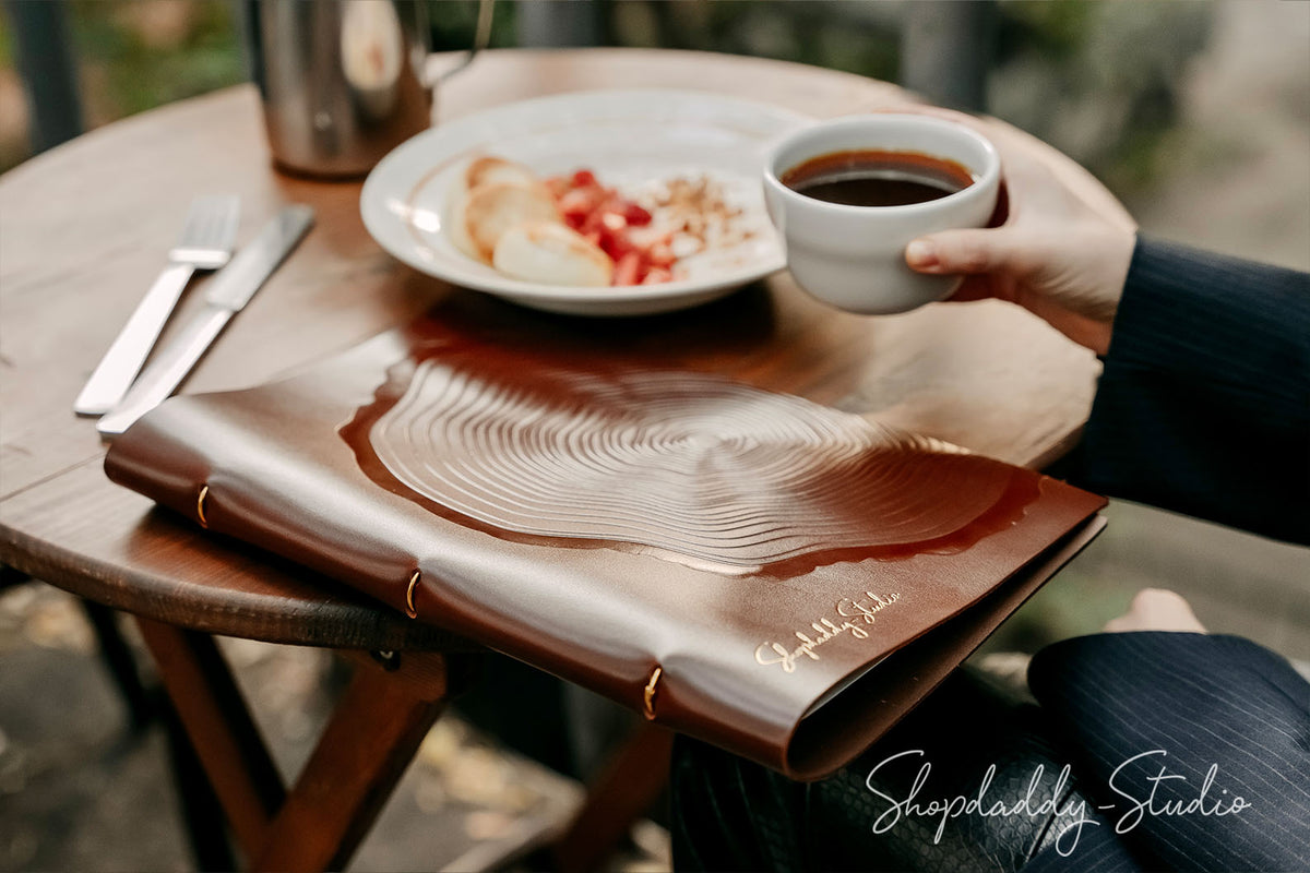 Custom Brown Leather Menu Booklet with Golden Rings for restaurant