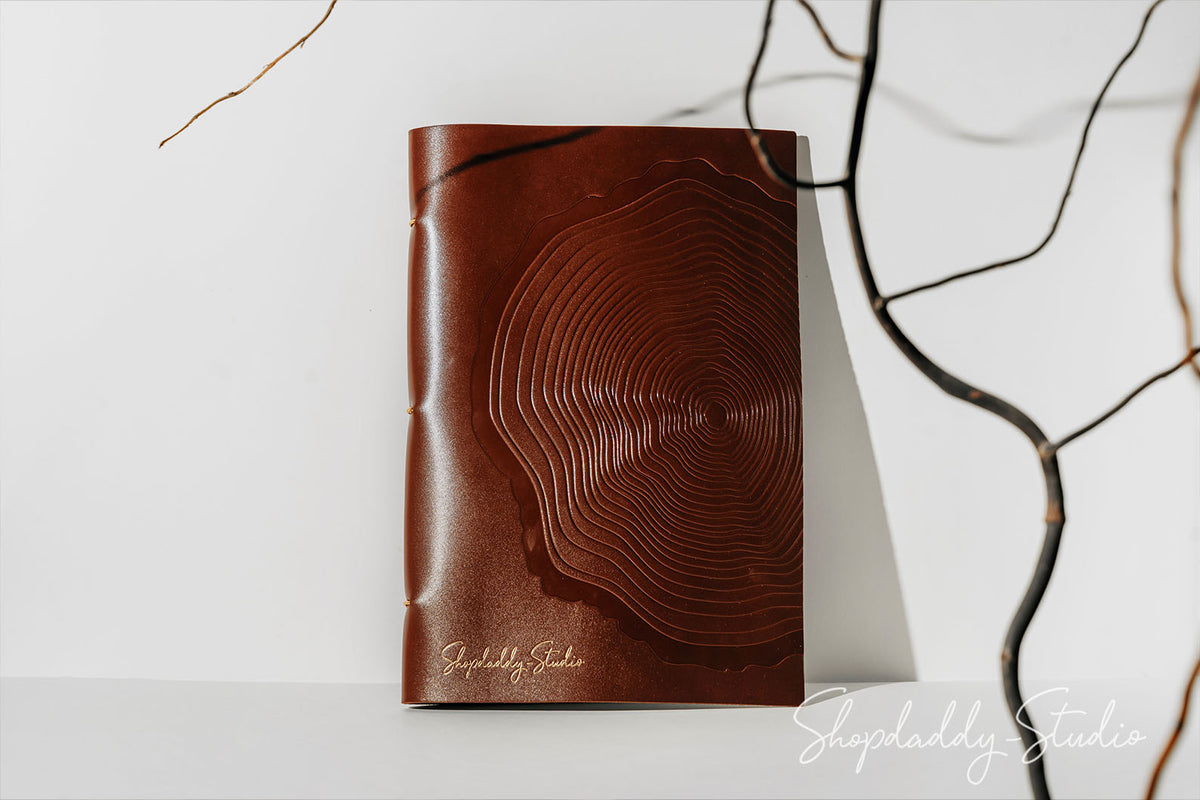 Custom Brown Leather Menu Booklet with Golden Rings for restaurant with logo