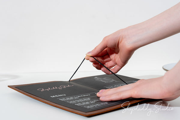 Custom Brown Leather Menu Cover with Topographic Pattern for restaurant