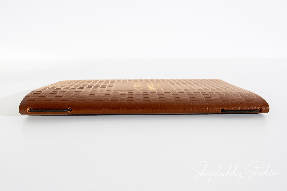 Custom Brown Leather Menu Cover with Woven Pattern