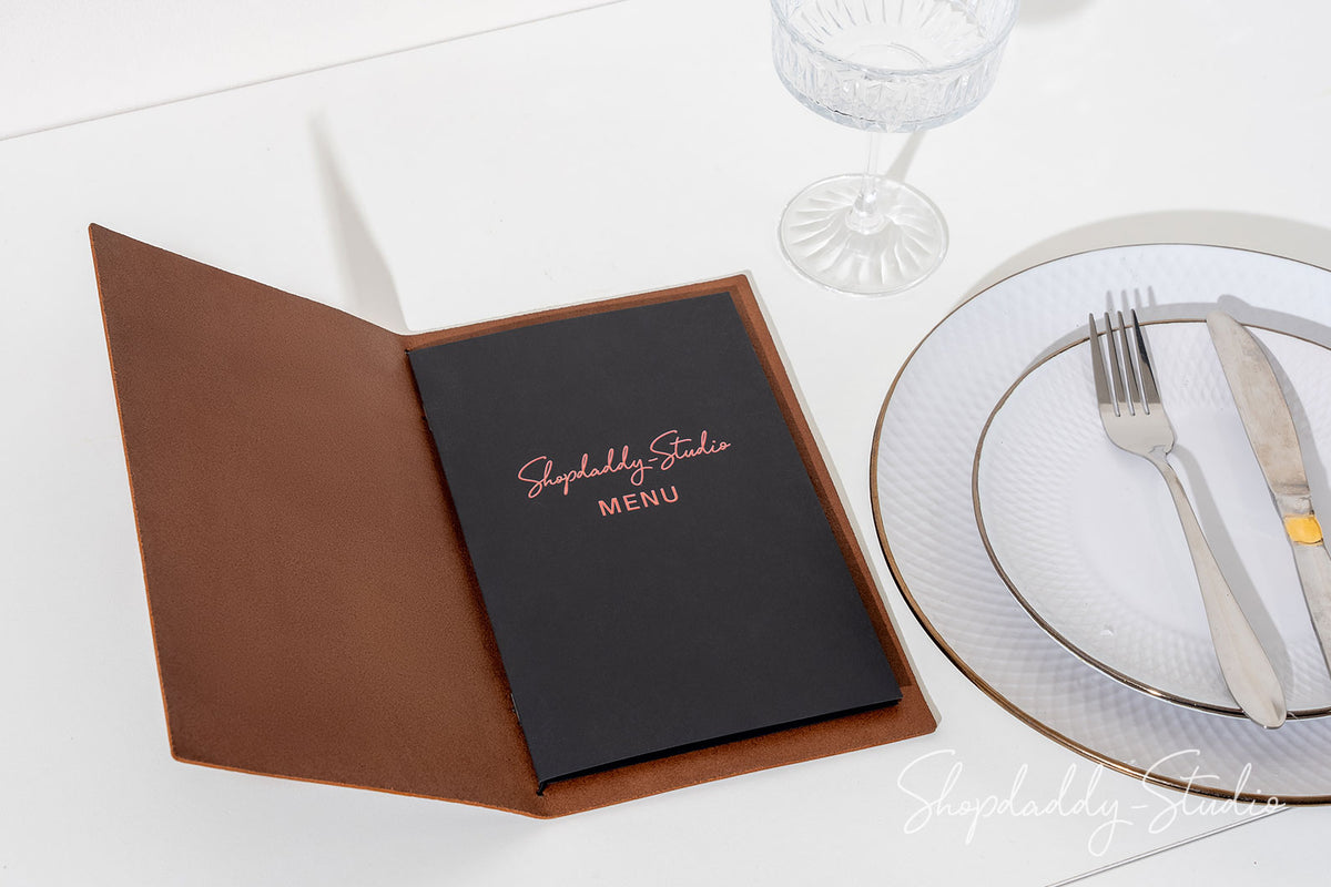 Custom Brown Leather Menu Folder with Topographic Pattern for restaurant