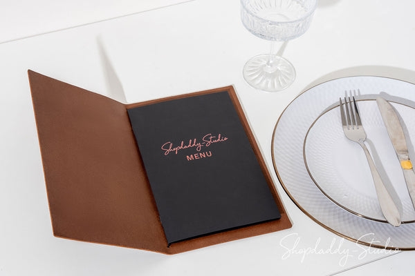Custom Brown Leather Menu Folder with Topographic Pattern for restaurant