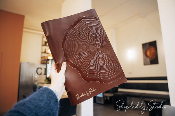 Personalized Brown Leather Menu Folio with Golden Rings for bar