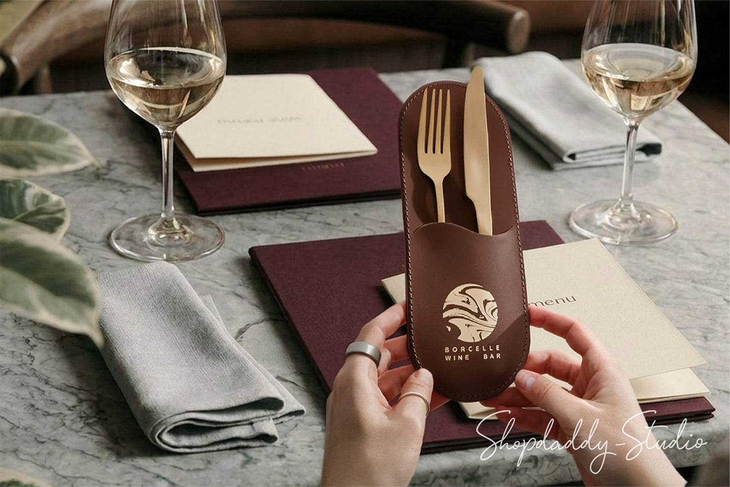 Custom Brown Leather Rounded Cutlery Holder