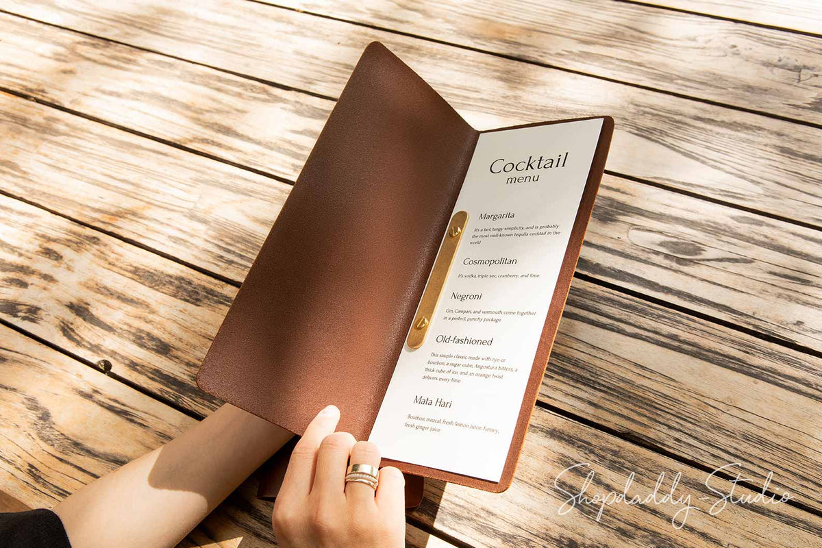 Custom Brown Thick Leather Menu Book with Brass Plank