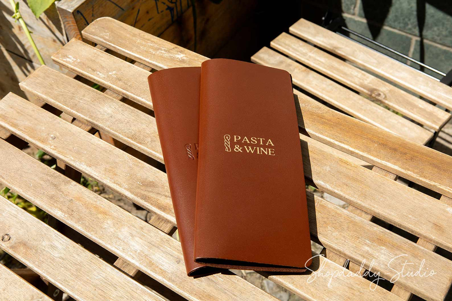 Custom Brown Thick Leather Menu Cover with Brass Plank and Logo