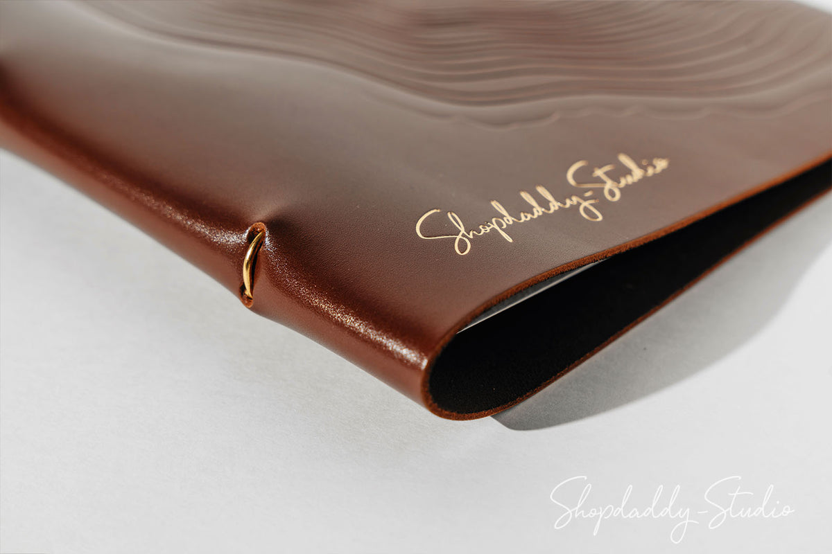 Custom Brown Thick Leather Menu Folder with Golden Rings for bar