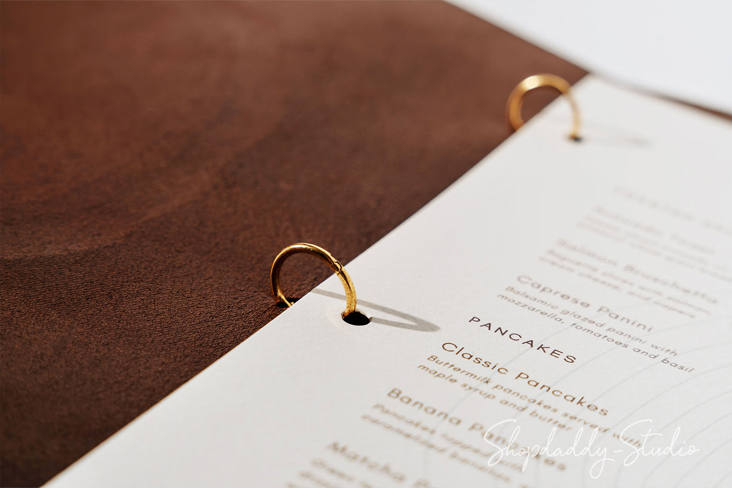 Custom Brown Thick Leather Menu Folder with Golden Rings for cafe
