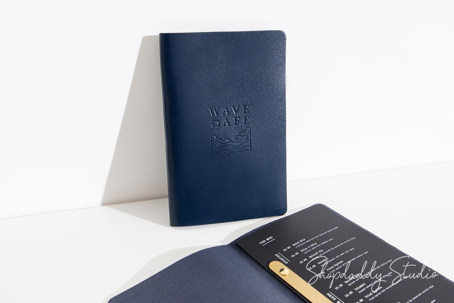 Custom Dark Blue Leather Menu Cover with Brass Plank for cafe