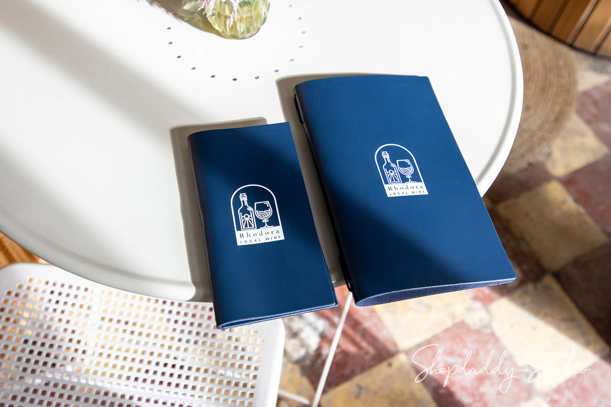 Custom Dark Blue Thick Leather Menu Cover with Elastic Band