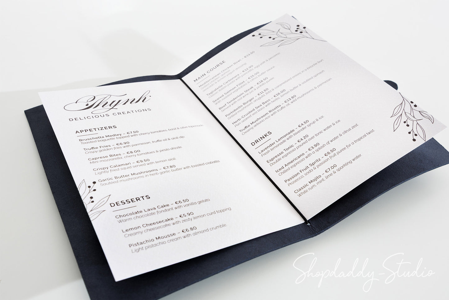 Custom Dark Blue Thick Leather Menu Cover with Leather Belt