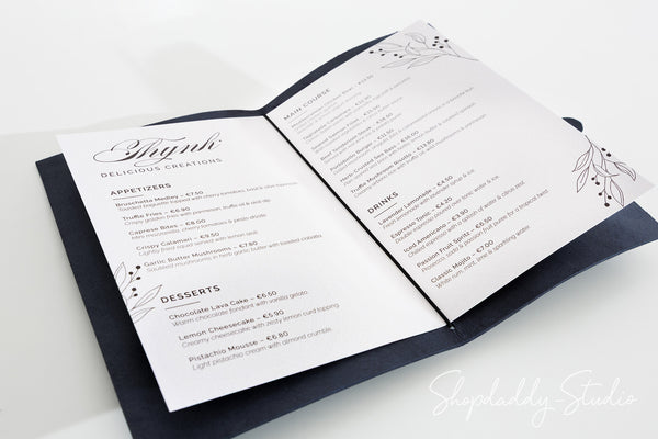Custom Dark Blue Thick Leather Menu Cover with Leather Belt