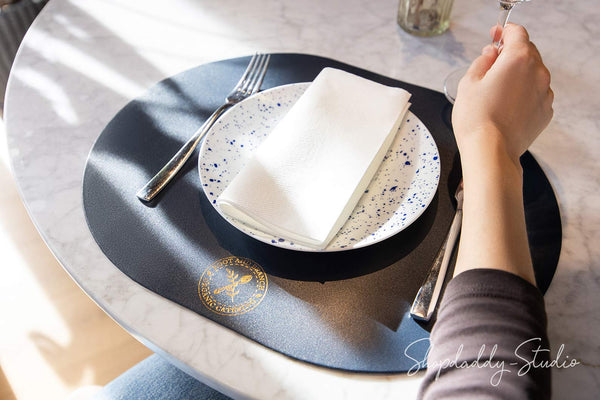 Custom Dark Blue Thick Leather Oval Table Dining Placemat for Branding