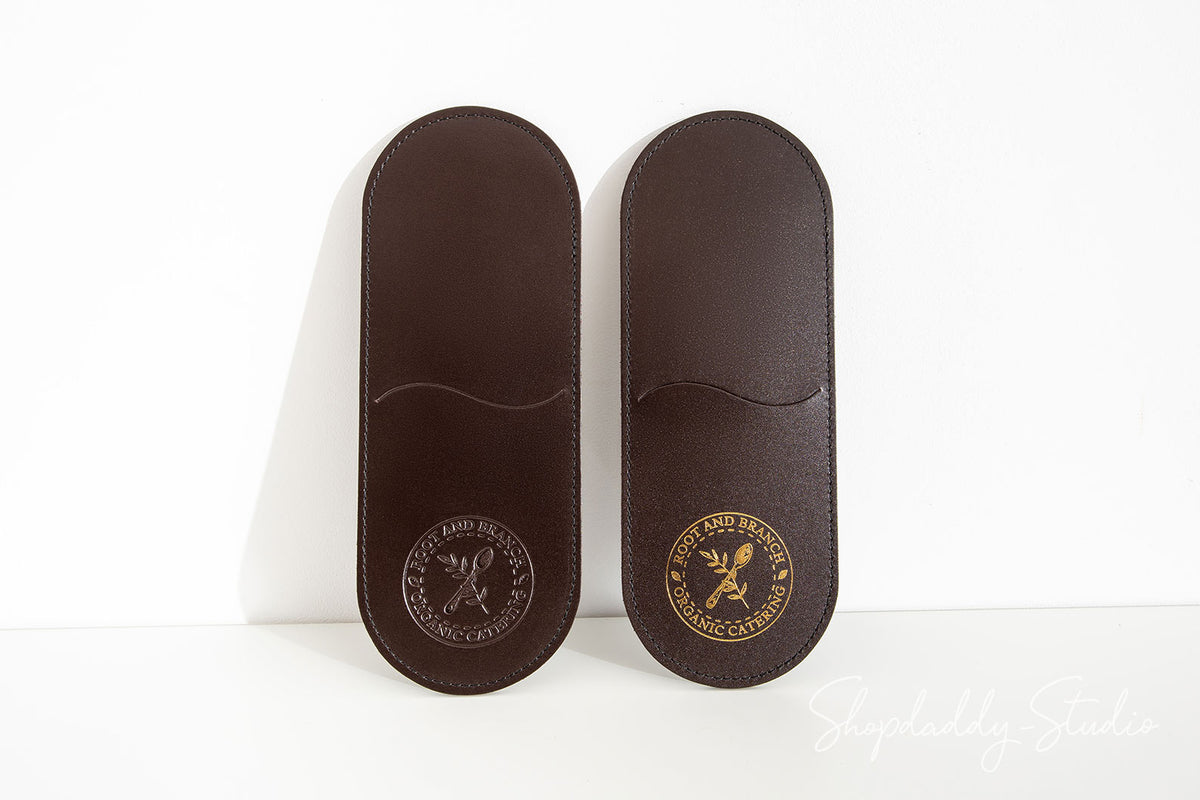 Custom Dark Brown Leather Rounded Check Presenter with logo