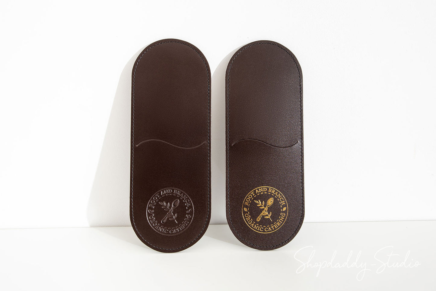 Custom Dark Brown Leather Rounded Check Presenter with logo