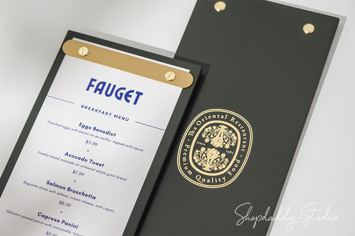 Custom Double Leather Menu Holder with Brass Plank for wine list menu