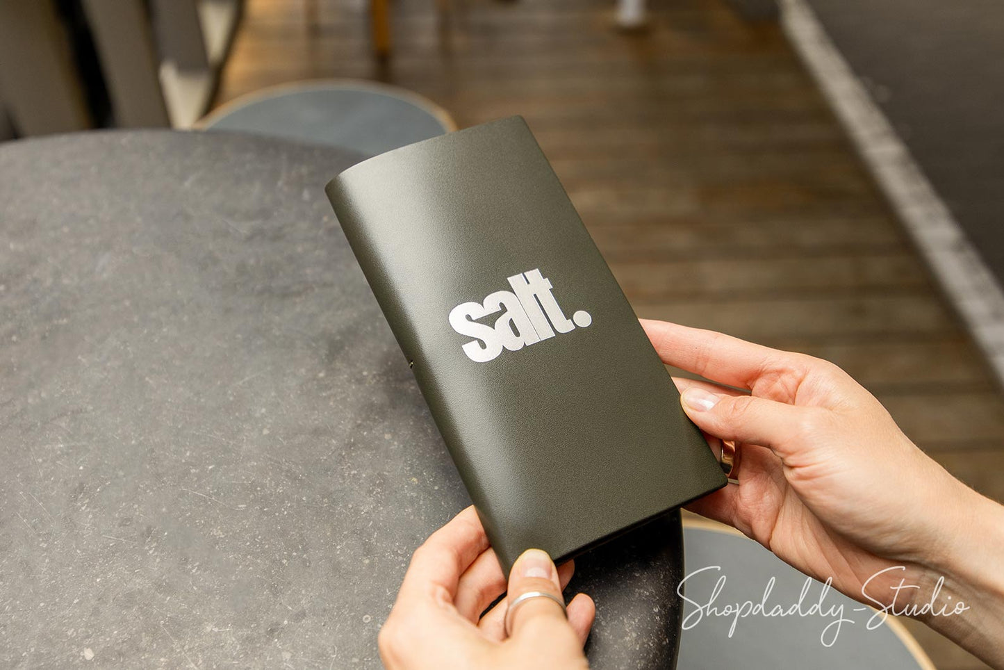 Custom Green Italian Leather Bill Holder with Pen Loop for cafe