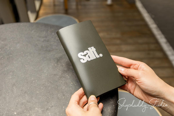 Custom Green Italian Leather Bill Holder with Pen Loop for cafe