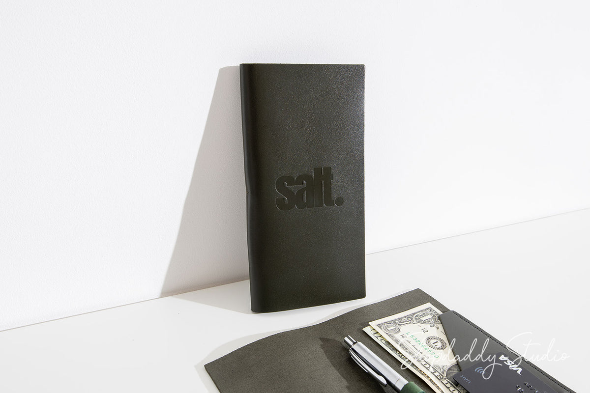 Custom Green Italian Leather Bill Presenter with Pen Loop for cafe