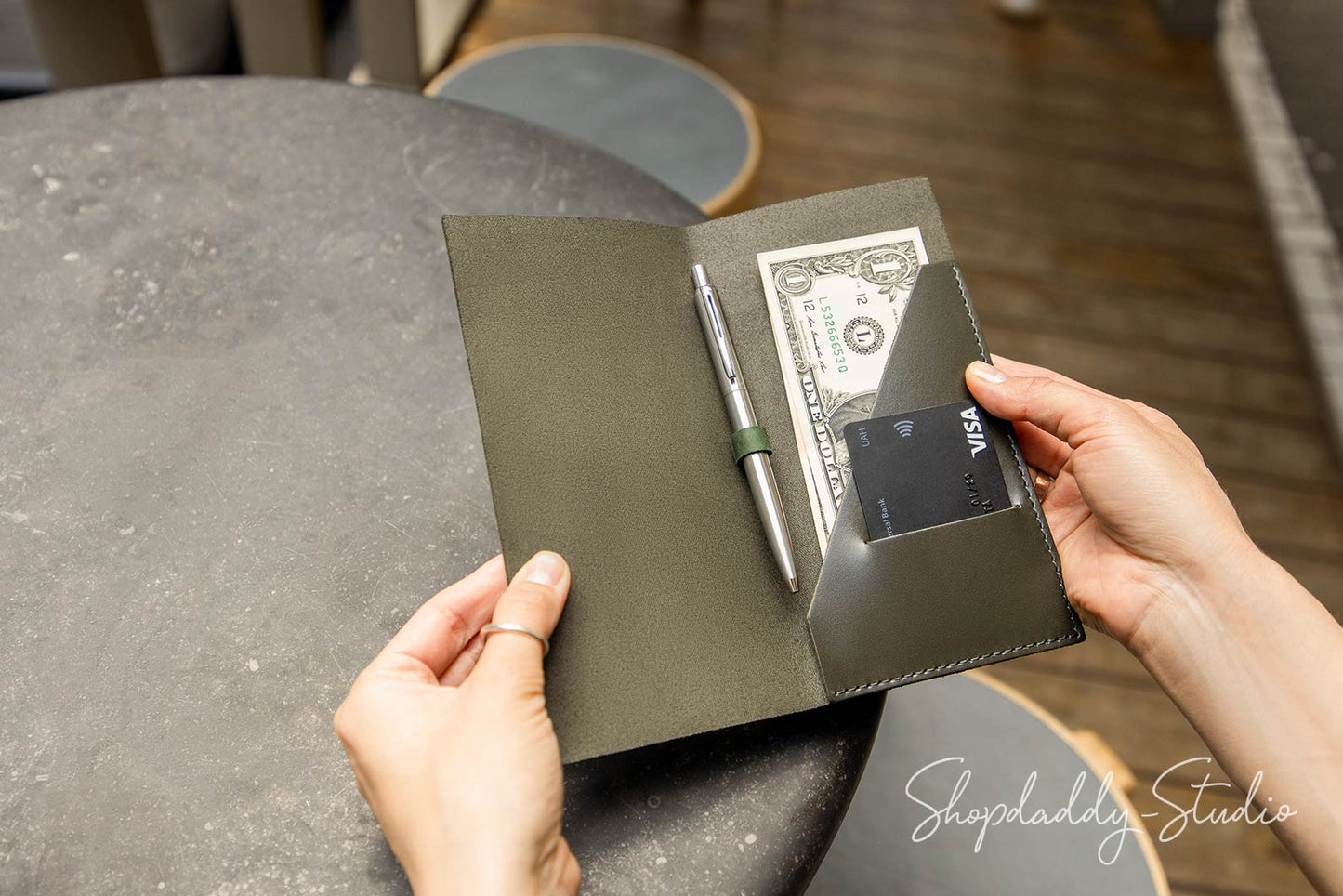 Custom Green Italian Leather Check Presenter with Pen Loop for restaurant
