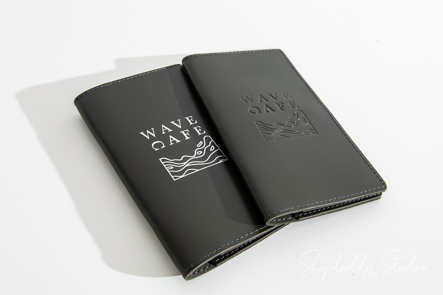 Custom Green Italian Leather Server Book With Wave Pockets for bar