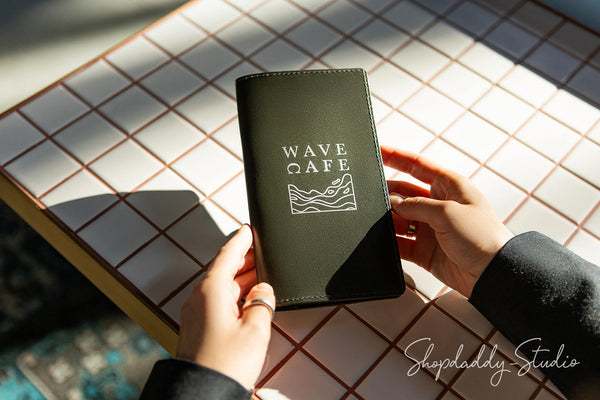 Custom Green Italian Leather Server Book With Wave Pockets for cafe