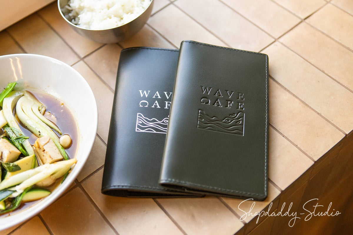 Custom Green Italian Leather Server Book With Wave Pockets for restaurant
