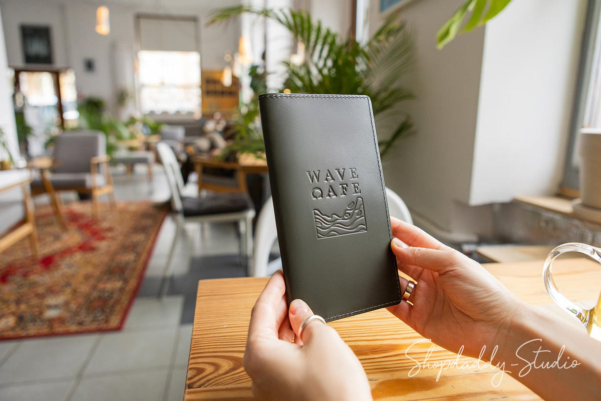 Custom Green Italian Leather Serving Booklet With Wave Pockets for restaurant