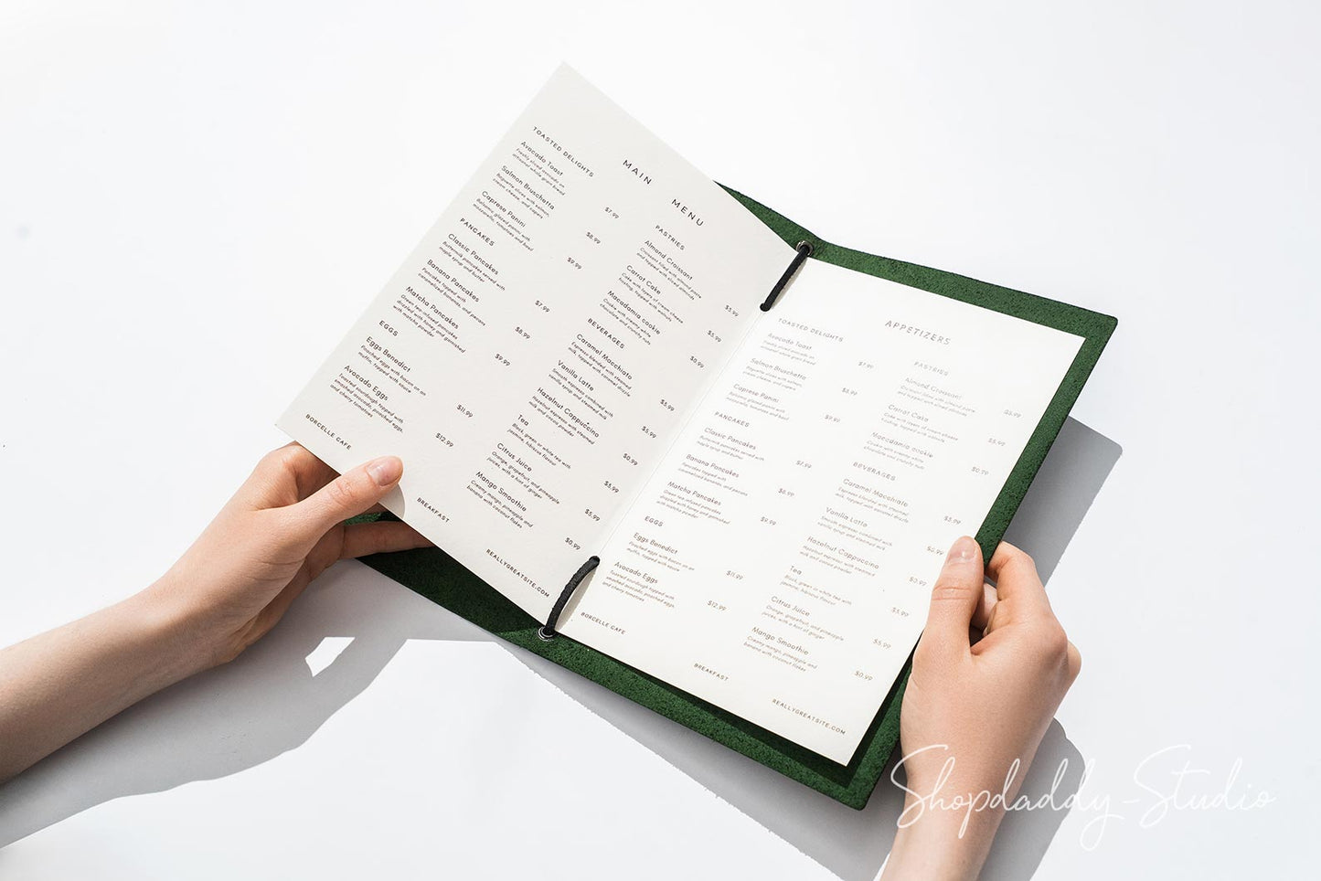 Custom Green Leather Menu Folder with Leather Lace