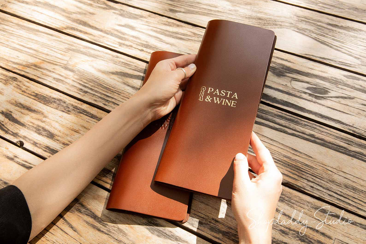 Custom Leather Menu Book with Brass Plank and Logo