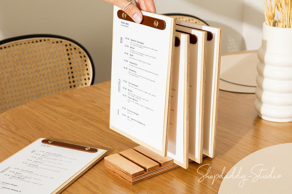 Custom Menu Holder Set with Wooden Base