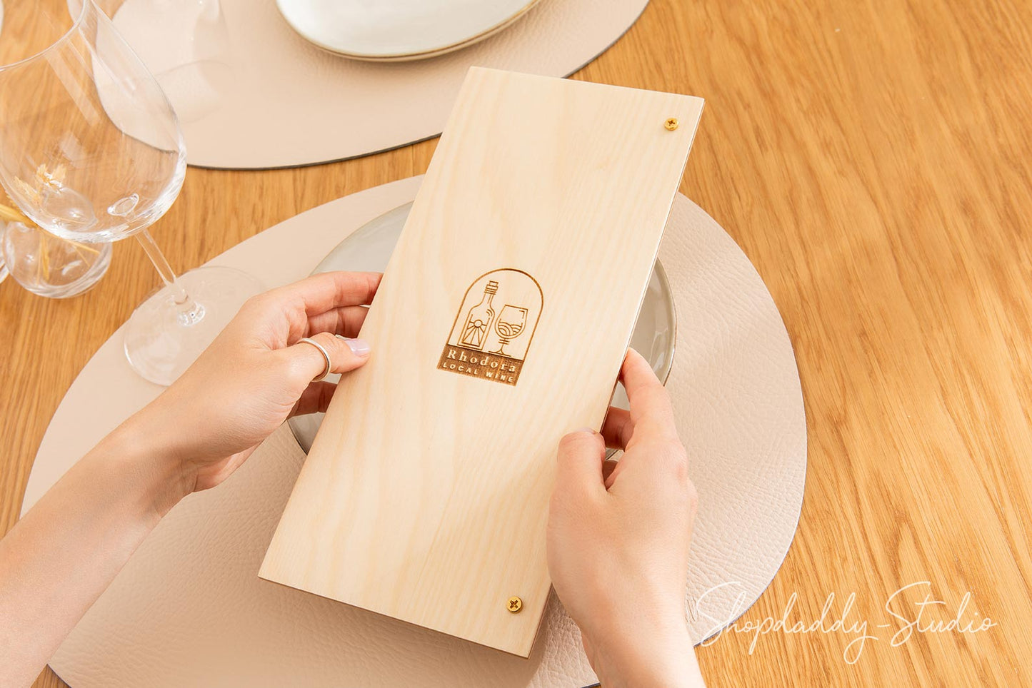 Custom Menu Holder with Golden Screws and Logo