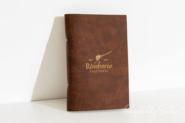 Custom Recycled Antique Brown Leather Menu Holder with Rings Mechanism for bar