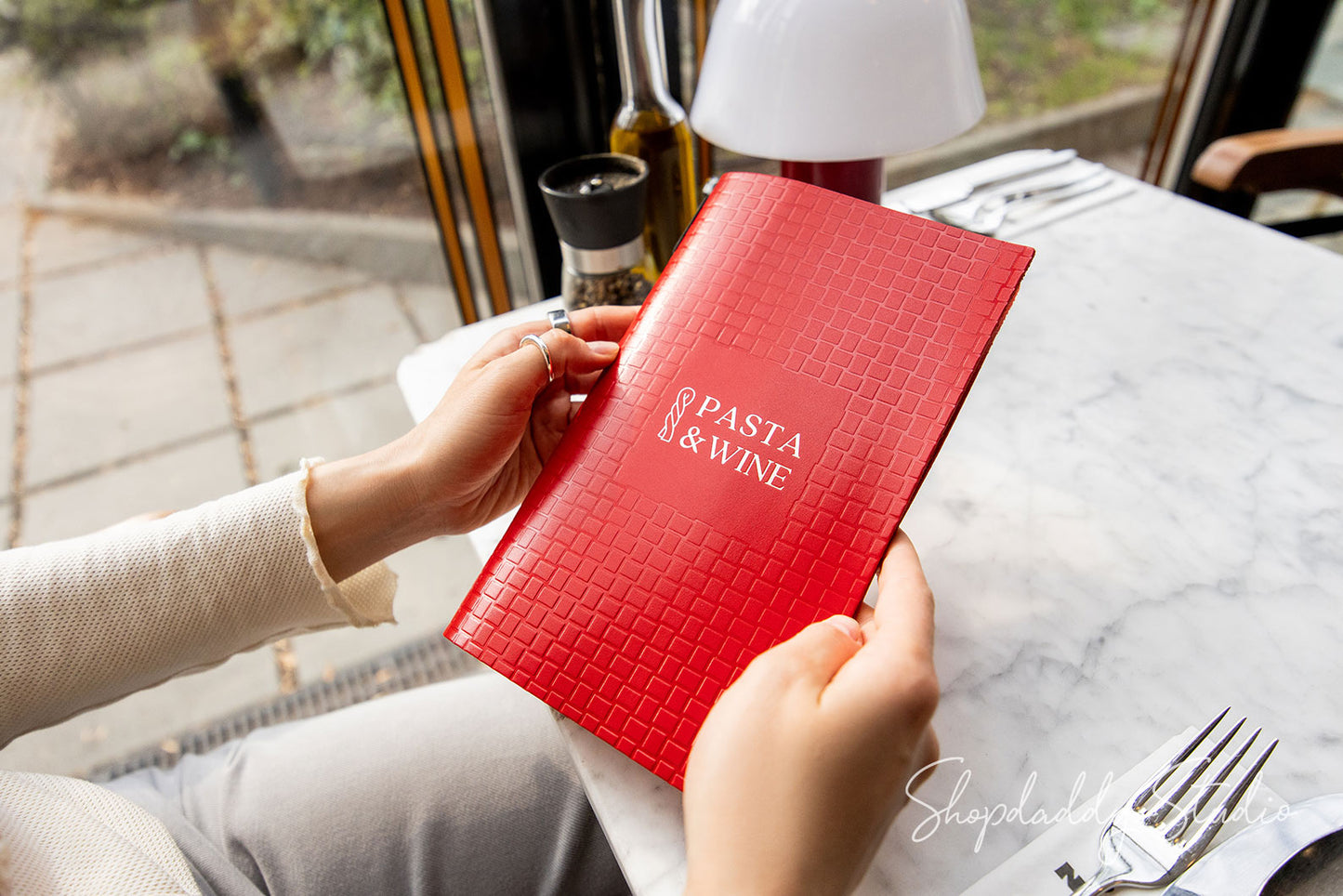 Custom Red Leather Menu Book with Woven Pattern