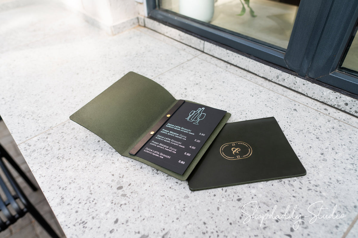 Green Thick Leather Menu Cover with Plank for restaurant