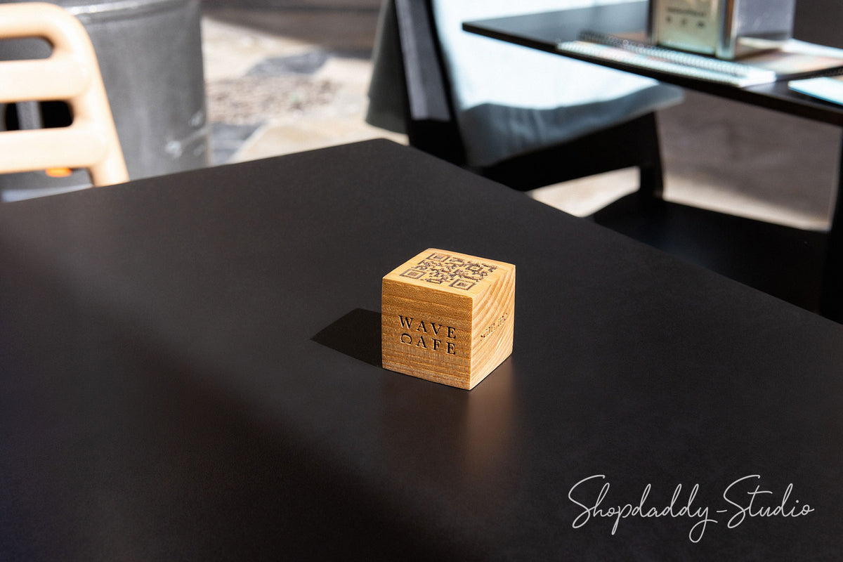 Custom Set of 10 Wooden QR Code Cubes with Logo and Table Number for bar