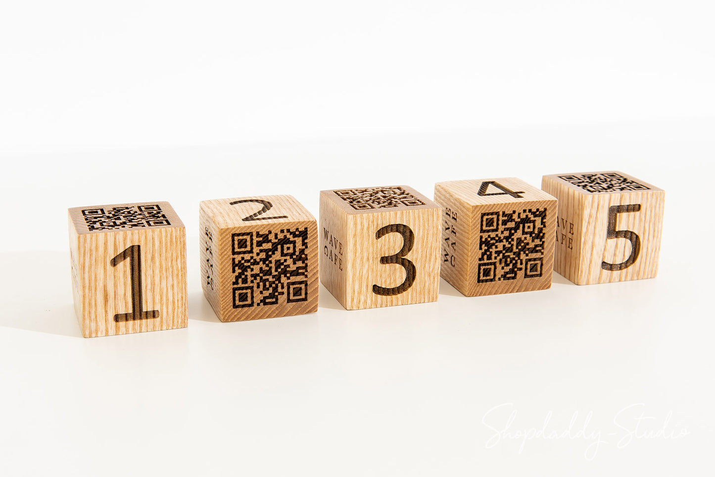 Custom Set of 10 Wooden QR Code Cubes with Logo and Table Number for pub