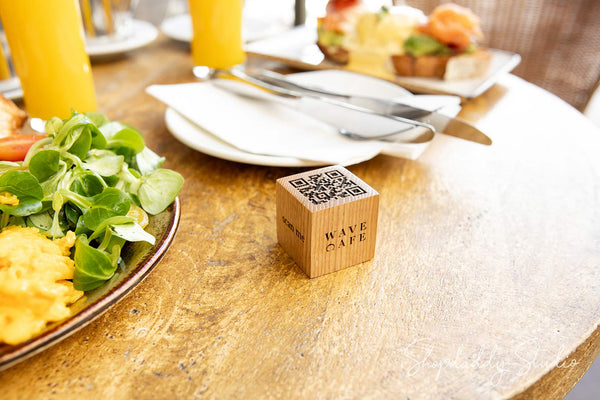 Custom Set of 10 Wooden QR Code Table Sign with Logo and Table Number for pub