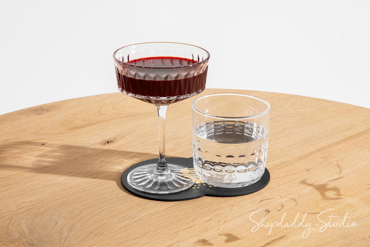 Custom Two Glass Coaster Set on Wooden Holder for drinks