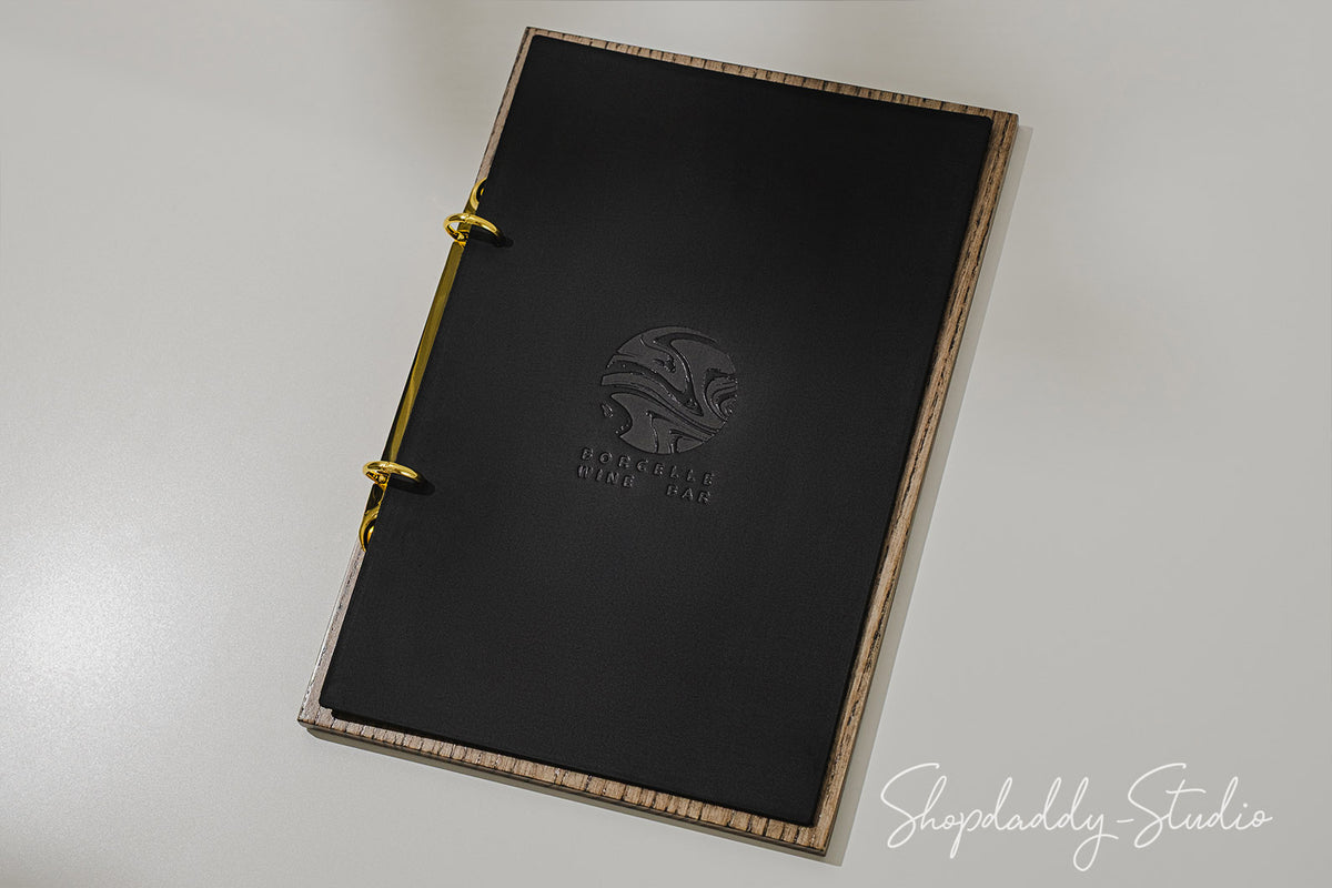 Custom Walnut Menu Holder with Black Leather Cover and Rings Mechanism
