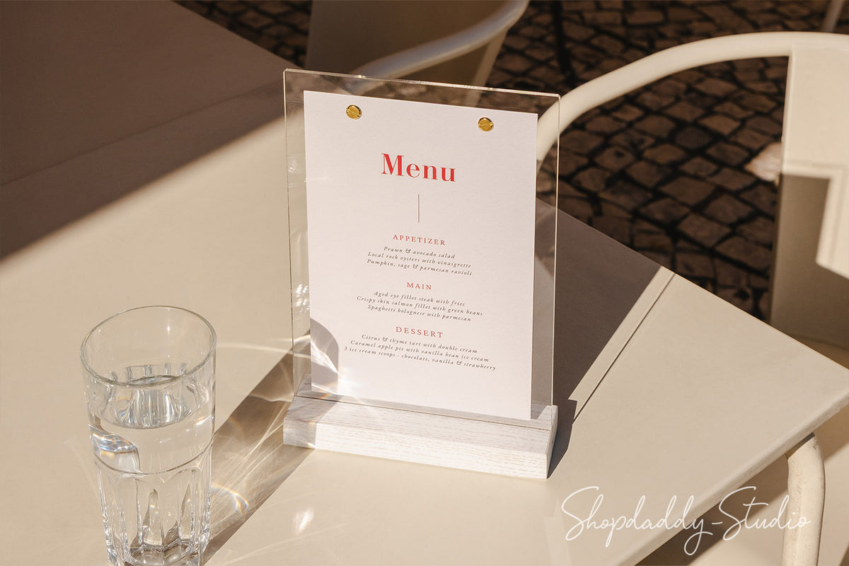 Custom White Wooden/Acrylic Table Menu Stand