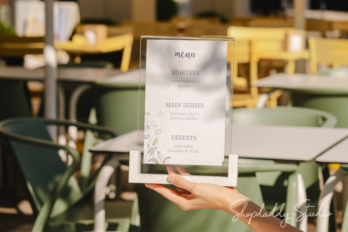 Custom White Wooden/Acrylic Table Top Menu Stand 