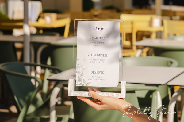 Custom White Wooden/Acrylic Table Top Menu Stand 
