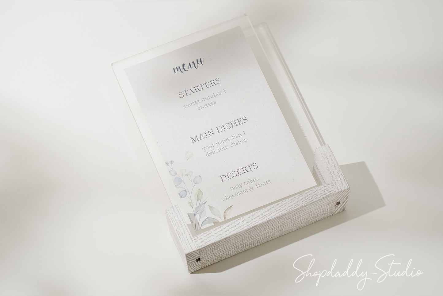 Custom White Wooden/Acrylic Table Top Menu Stand in details