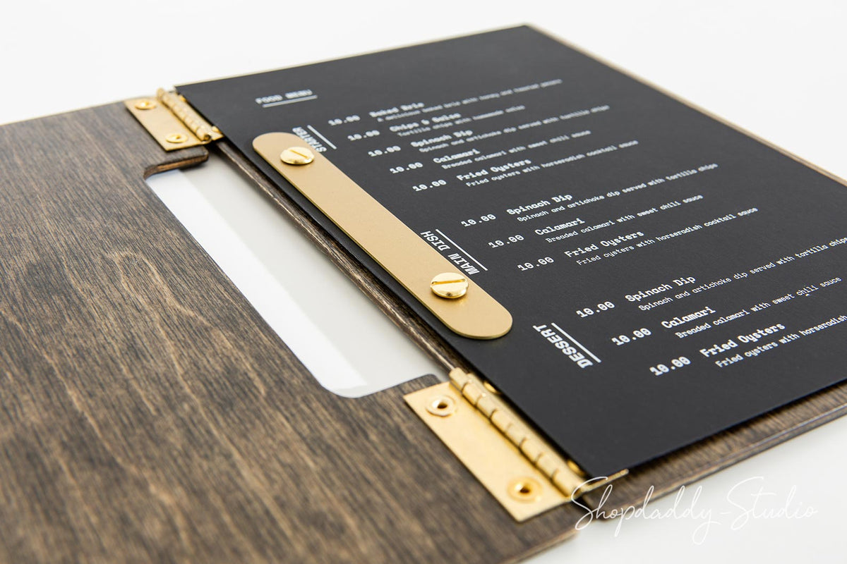 Custom Wood Album / Menu Holder with Brass Plank for bar