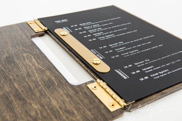 Custom Wood Album / Menu Holder with Brass Plank for bar