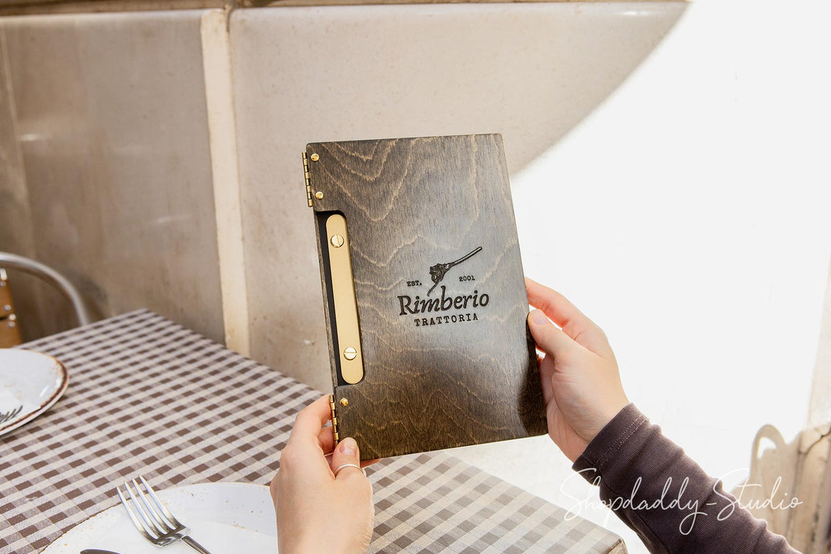 Custom Wood Album / Menu Holder with Brass Plank for cafe