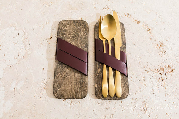 Custom Wood Cutlery Holder With Leather Strap