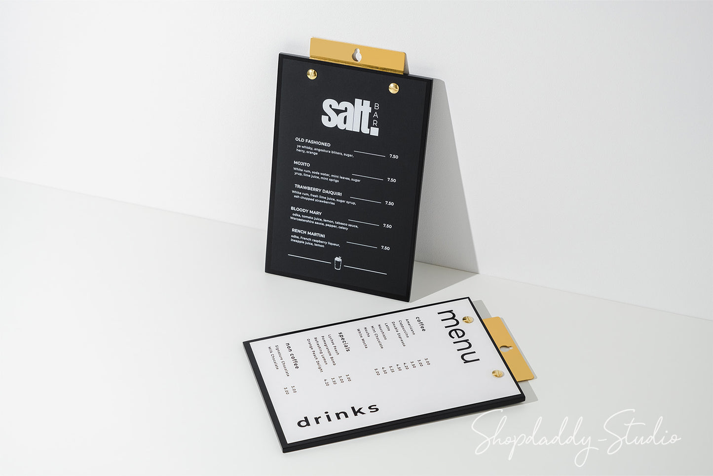 Custom Wood Menu Board With Brass Wall Mount for cocktail menu