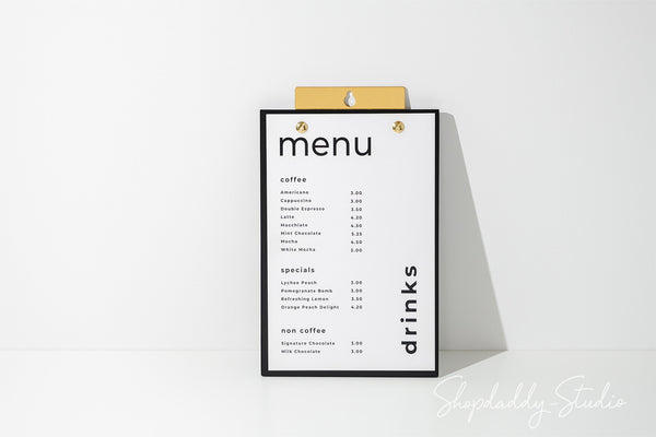 Custom Wood Menu Board With Brass Wall Mount for wine list menu